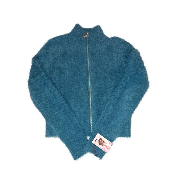 SINCERELY JULES NWT Women’s Medium Teal Fuzzy Full Zip Mock Neck Jacket - Picture 3 of 8